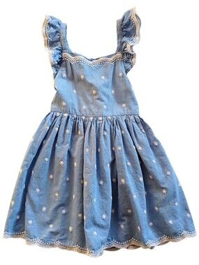 CAT & JACK Toddler Dress Girls Blue Chambray Cotton Flutter Sleeve Embroidery 4T